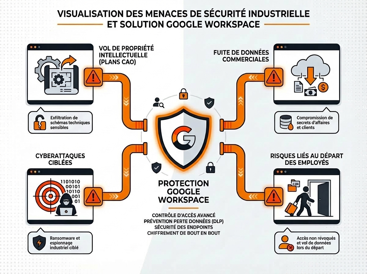 Risques sécurité PME industrielle - icônes menaces vol propriété intellectuelle, fuite données et cyberattaques